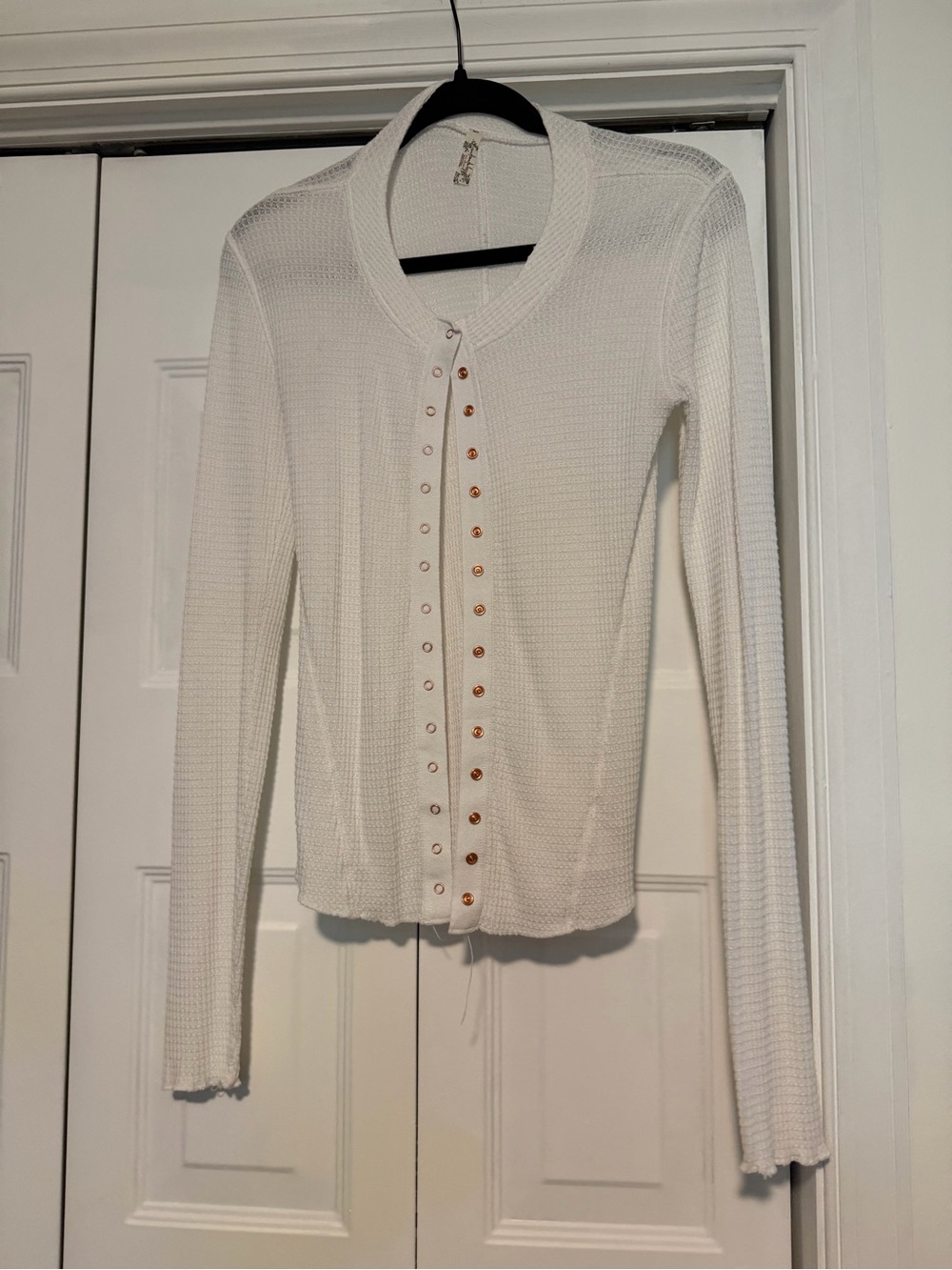 Free People Cream Waffle Snap-Front Long Sleeve Top